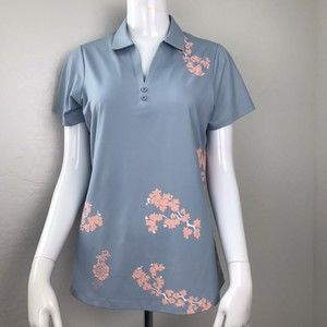 Heather Grey Women's Gray Cherry Blossom Flowers Short Sleeve Polo Top
